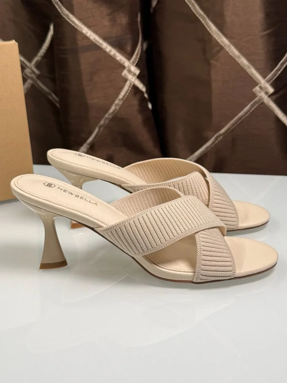 Newbella Beige Knit Criss Cross Mule Heels Sandals Size 6.5